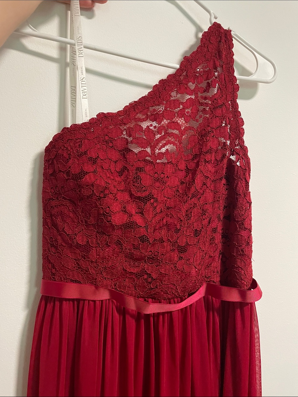 David's Bridal One-Shoulder Lace & Chiffon Dress in Burgundy